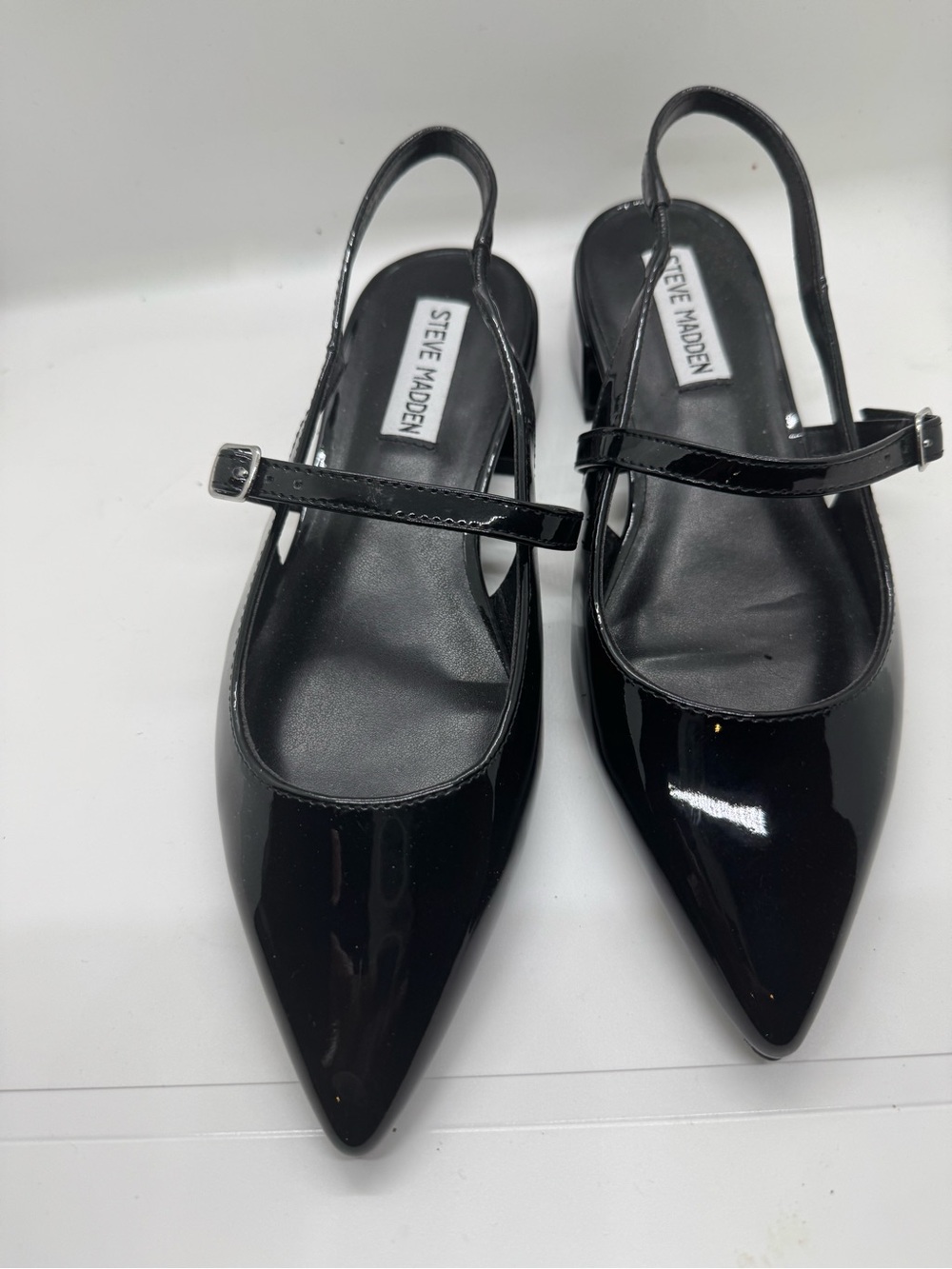 Steve Madden Black Patent Pointed Slingback Flats with Mary Jane Strap